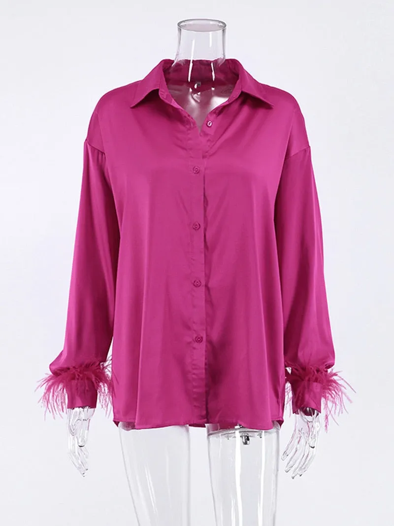 Amy Fashion - Elegant Long Sleeve Spliced Feathers Solid Blouse
