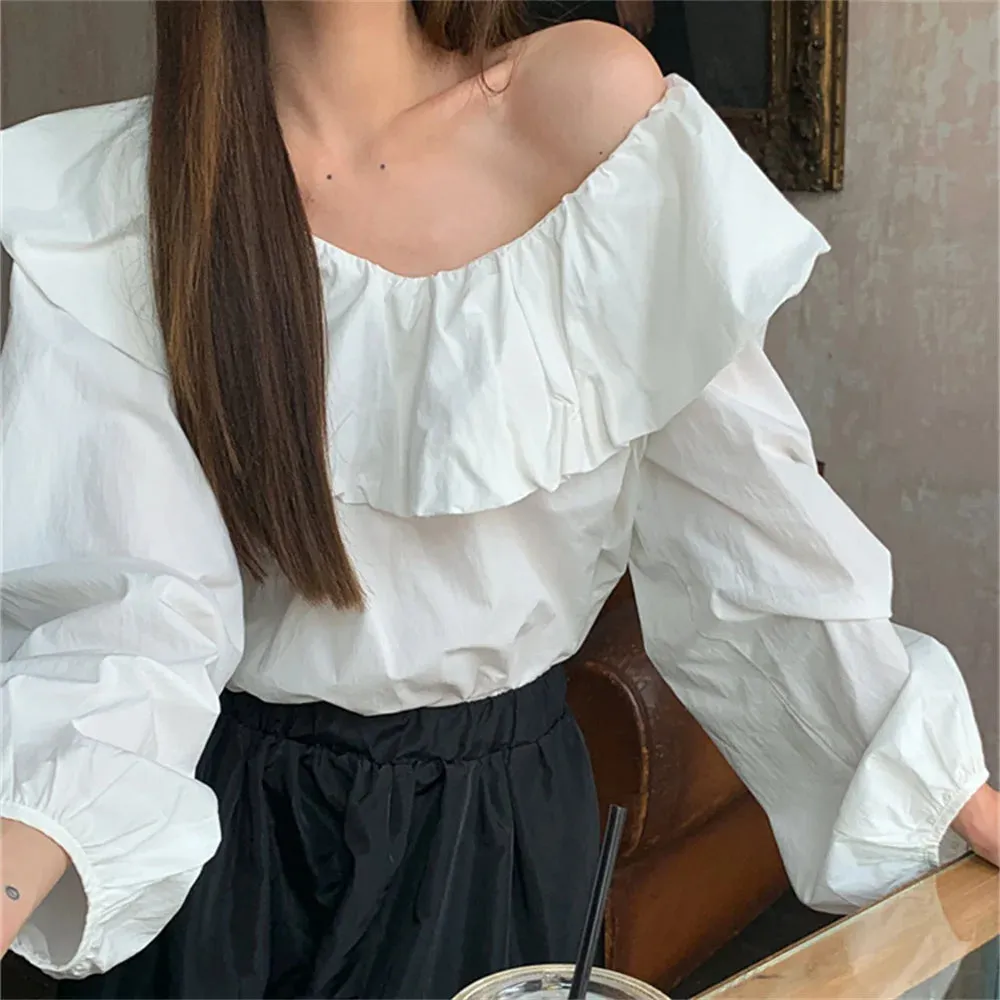 Girlary White Blouses Elegant Full Sleeve Normcore Women Daily OL Summer Work Wear Solid Ruffles Gentle Sweet Chic Loose