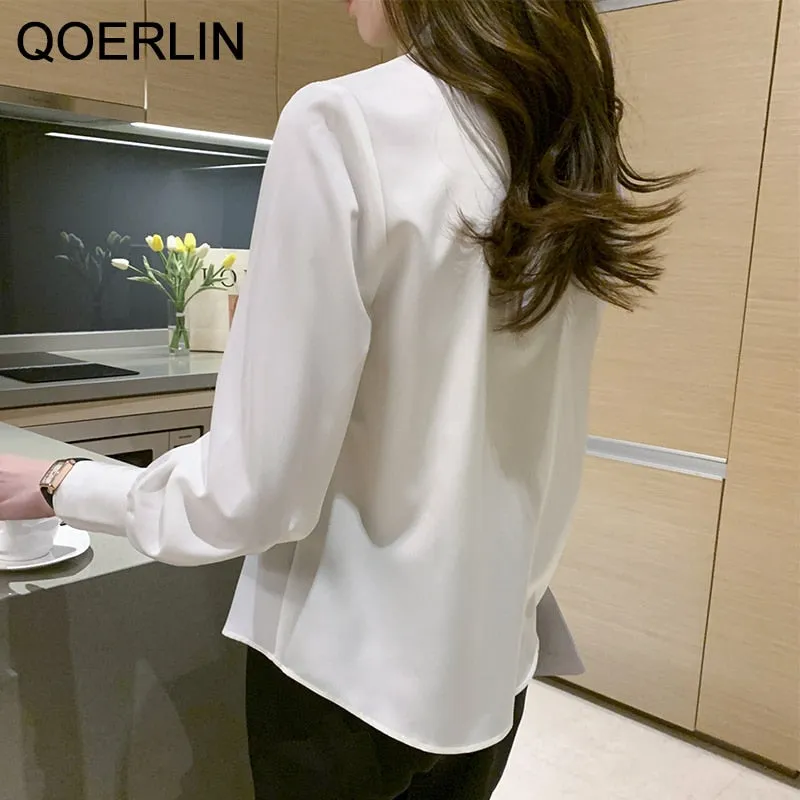 Graduation Gifts S-2XL Elegant White Shirt Women Spring Fall Plus Size Office Ladies Button Up Shirts Female Imitation Silk Tops Workwear