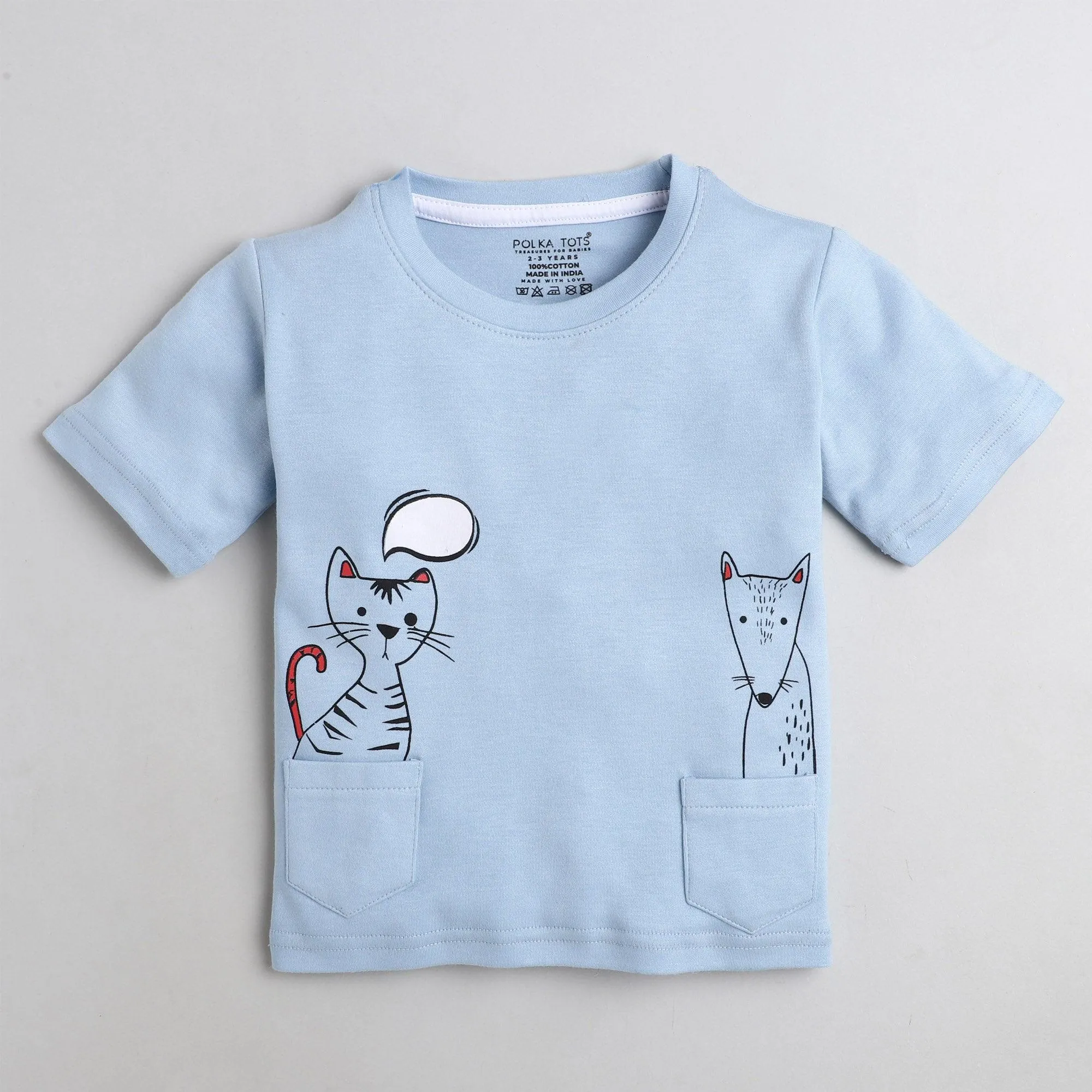 Polka Tots Half Sleeve T-Shirt With Cat Thinking in The Pocket Print - Blue