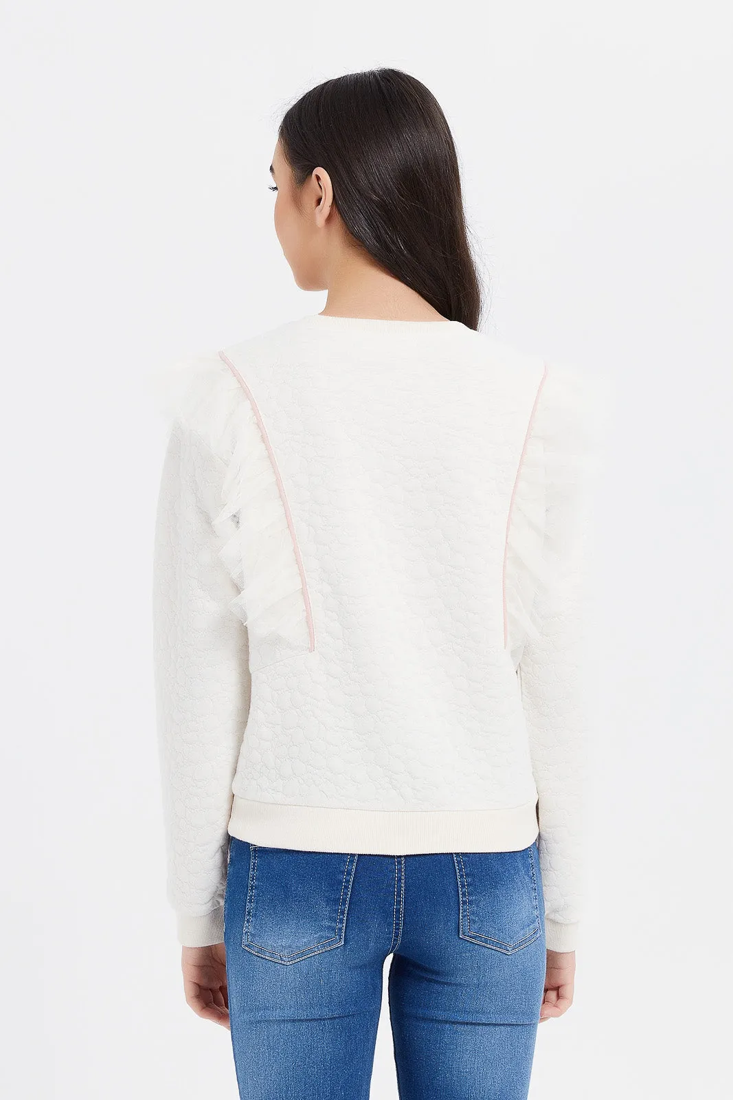 Senior Girls White Jacquard Embroidered Sweatshirts